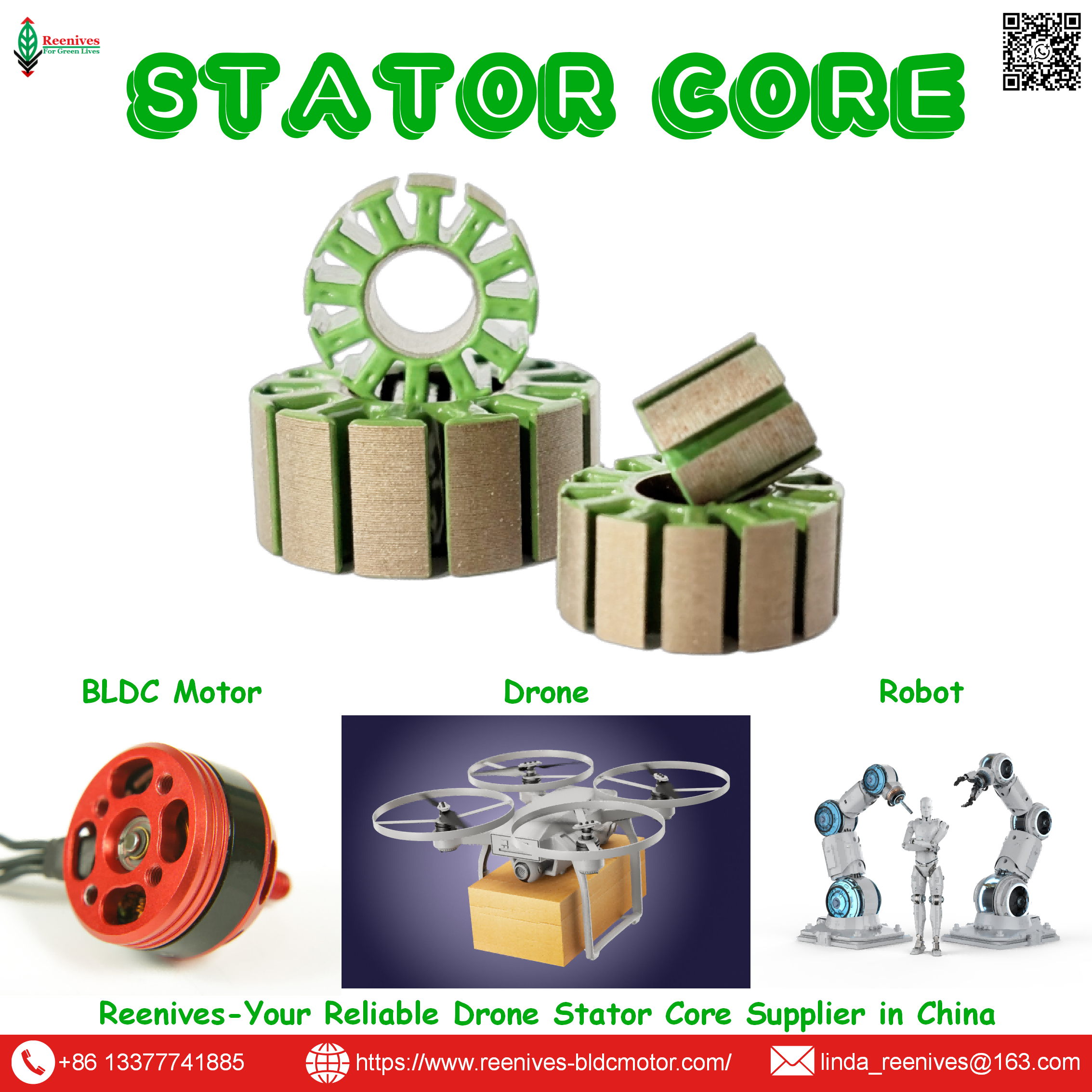 Precision brushless DC outrunner motor stators for UAV, drone & industrial motors. 0.20mm epoxy-coated, low loss, Class H. Custom tooling & global shipping.
